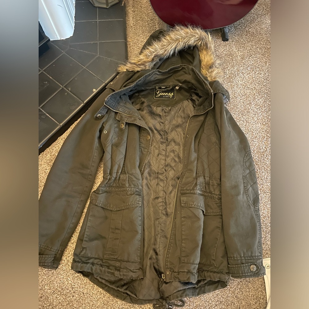 Guess jacket size small with fur - good condition